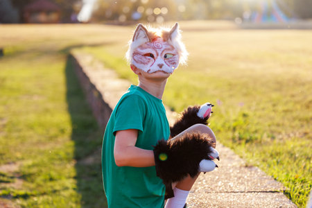 Confident young little kid boy wear cat furry mask enjoy have fun playing outdoors in forest street park. Children therian wild animal character trendy fan culture. Teenager social expression hobbyの写真素材