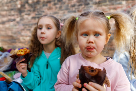 Portrait two happy funny playful blond children enjoy eating cupcake chocolate muffins  toppings at city street outdoor park. Scenic fun moment capturing childhood joy snacking on colorful treatsの写真素材