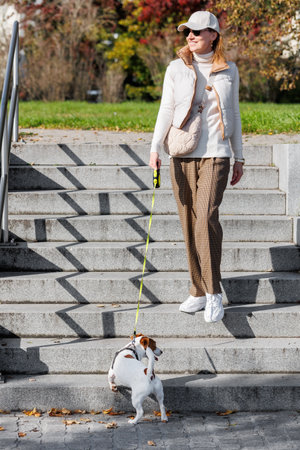 Stylish young adult woman in neutral tones leads her small dog up stone steps with understated charm. Female person wears vest, pants, cap, sunglasses accessories, on sunny autumn dayの写真素材
