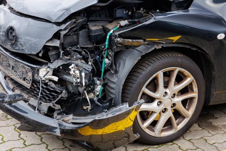 Closeup detail view damaged front of black car shows aftermath intense collision shattered bumper exposed wires. Severe impact, twisted metal highlight need repair insurance claimの写真素材