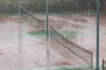 Heavy rain pours down on empty tennis courts, soaking the surface and distorting the nets. The scene captures a sudden downpour disrupting play, with water splashing and reflecting the gloomy lightの写真素材