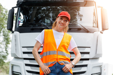 Portrait young adult happy smiling woman heavy truck driver modern cargo vehicle cabin background. Female person girl professional job career working driving freight engine lorry. Logistics industryの写真素材