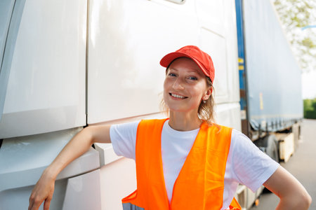 Portrait young adult happy smiling woman heavy truck driver modern cargo vehicle cabin background. Female person girl professional job career working driving freight engine lorry. Logistics industryの写真素材