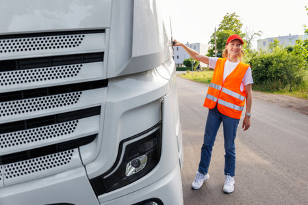 Portrait young adult happy smiling woman heavy truck driver modern cargo vehicle cabin background. Female person girl professional job career working driving freight engine lorry. Logistics industryの写真素材