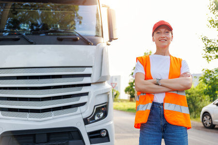 Portrait young adult happy smiling woman heavy truck driver modern cargo vehicle cabin background. Female person girl professional job career working driving freight engine lorry. Logistics industryの写真素材
