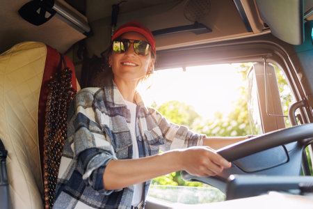 Portrait young adult happy smiling woman in cabin driving heavy truck driver modern cargo vehicle. Female person girl professional job career working driving freight engine lorry. Logistics industryの写真素材