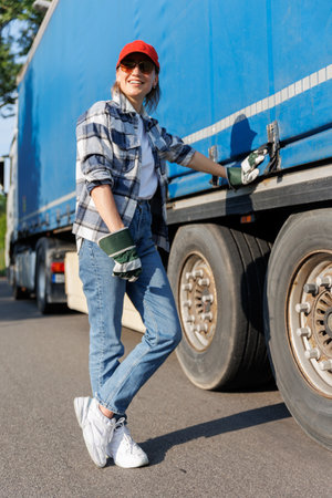 Portrait young adult smiling woman truck driver secures cargo tarp trailer truck  cargo vehicle. Female person girl professional job career working driving freight engine lorry. Logistics industryの写真素材