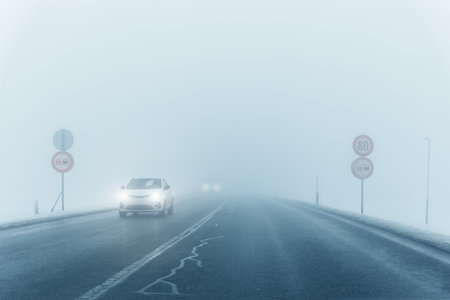 Scenic view nature park highway slippery mountain alpine fog road driving cars moving fast speed motion. Snowfall danger blizzard bad winter weather conditions. Cold snowy day snowstorm backgroundの写真素材