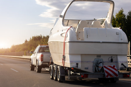 Big luxury cabin motorboat cruiser yacht trailer pick-up SUV carrier river lake highway road sunset summer light. Luxury rich fishing leisure recreation lifestyle. Service maintenance transportationの写真素材