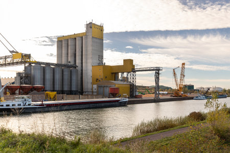 Large industrial facility silos cranes stands Mittellandkanal cargo ships docked loading operations. Calm water industrial equipment reflect economic activity and regional infrastructure developmentの写真素材
