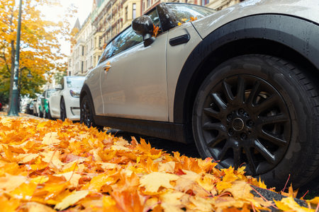 Moody scenic front head light view modern grey car windshield covered golden yellow fallen leaves parked wet city street autumn rainy day. Overcast sky rain road drive. Seasonal weather conditionsの写真素材