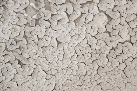 Dry cracked soil surface forms abstract natural pattern under sunlight. Texture shows drought effect...