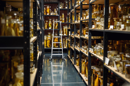 Rows of preserved specimens in glass jars fill scientific museum archive. Metal shelves and ladder create atmosphere of research, discovery and biological preservationの写真素材