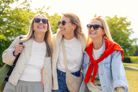 Happy friends enjoy sunny outdoor moment with bright smile and relaxed vibe. Warm sunlight creates...