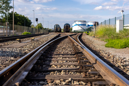 Rusty railway switch toward parked tank wagons under bright blue sky background sunny day. Industrial yard shows metal tracks gravel storage tanks oil refinery plant factory stationの写真素材