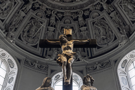 Interior view High Cathedral ceiling Saint Peter german Trier Dome. Architecture detail ornament...