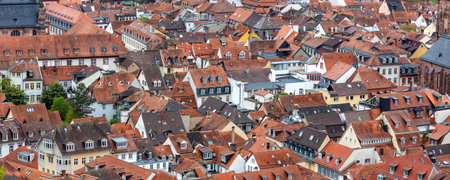 Scenic aerial view patchwork of Heidelberg red rooftops tiled roofs historical colorful houses...