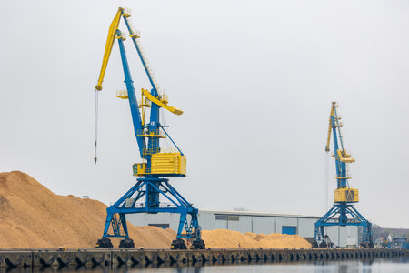 Industrial harbor crane towers large woodchip piles cargo terminal pale overcast sky. Maritime infrastructure scene highlights heavy machinery, logistics operations export import waterfront industryの写真素材