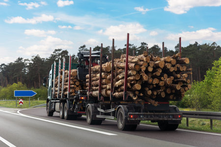 Back view many long heavy industrial wood carrier cargo vessel truck trailer with big timber pine,...