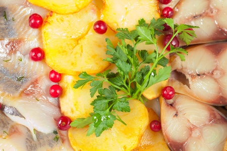 Herring with potatoes and vegetableの写真素材