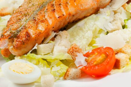grilled salmon on white plateの写真素材