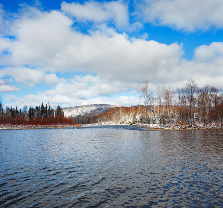 winter landscape with riverの写真素材