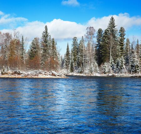 winter landscape with riverの写真素材