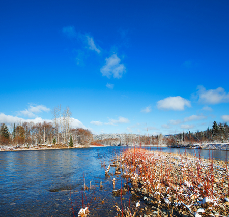 winter landscape with riverの写真素材