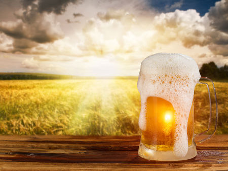 cold mug of beer in a landscapeの写真素材