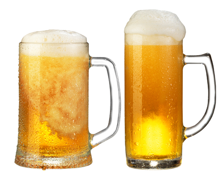 cold mug of beer with foam isolated on white backgroundの写真素材