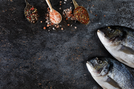 Top view of fresh fish dorado on grunge textured background. Copyspace.の写真素材