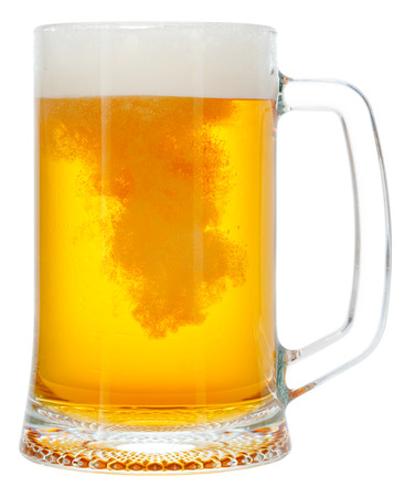 cold mug of beer with foam isolated on white backgroundの写真素材