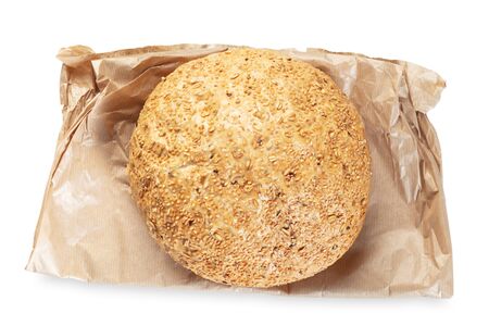 Bread and paper bag isolated on white. Top viewの写真素材