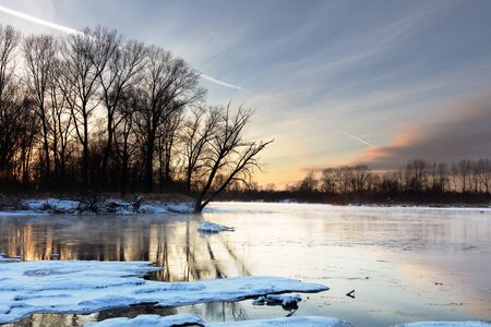 Winter landscape of trees and river in a foggy morning. Frost and cold and sunshine.の写真素材