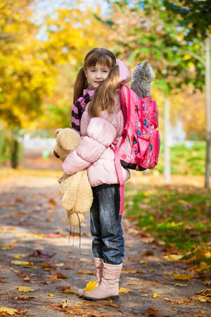 Prague, Czech Republic - September 1, 2010  First-grader girl with a school bag and toys goes to  schoolのeditorial素材