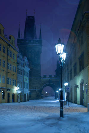Czech Republic - Prague -  Charles Bridge in winter morning during snawfallの写真素材