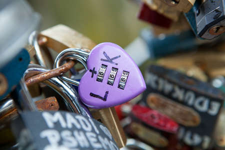 Heart shaped vintage love lock on the Paris bridge, Franceの写真素材