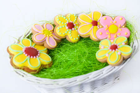 Vintage Easter flower traditional Gingerbread cookies backgroundの写真素材