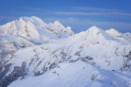 Winter morning landscape of Marmolada summit in Dolomites in winter from Passo Giau, Dolomites, Italyの写真素材