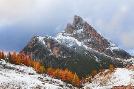 Mount Sass de Stria and  stone trench from first world war on foreground,  Falzarego path, Dolomites - Italyの写真素材
