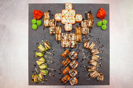 Close up of japanese sushi on wooden boardの写真素材