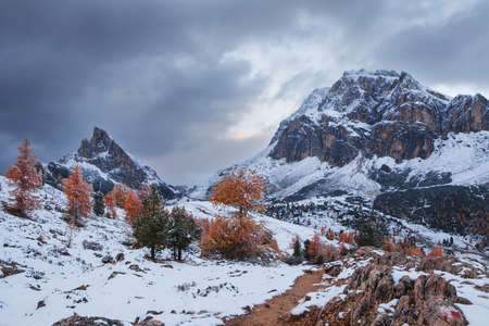 Mount Sass de Stria and stone trench from first world war on foreground, Falzarego path, Dolomites - Italyの写真素材