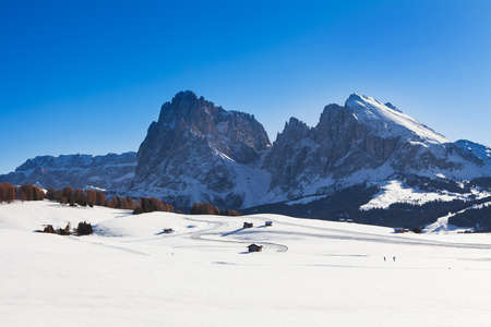 Wooden mountain chalets with a view on the Langkofel and Plattkofel (Sassolungo and Sassopiatto) dolomites mountains at the Alpe di Siusi or Seiser Alm in South Tyrol, Dolomites, Italy in winter.の写真素材