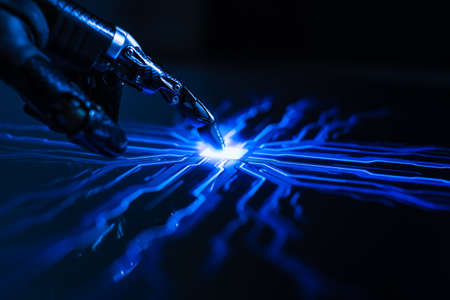 Digitalization Concept: Futuristic Robot Arm Interacting with Screen, Finger Touches Display and Activates Artificial Intelligence. Visualization of in Machine Learning, Computer Technology, Science