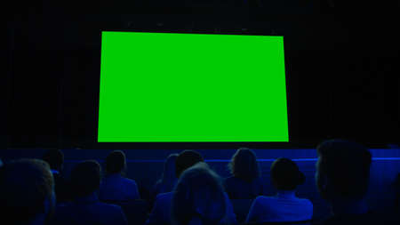 In the Movie Theater Captivated Audience Watching New Blockbuster Film on Mock-up Green Screen. People Watching Video Game Tournament Streaming, Live Concert, New Product Release Trailerの写真素材