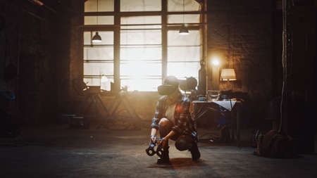 Talented Female Artist Wearing Virtual Reality Headset and Holding Digital Joysticks. Shes Working...