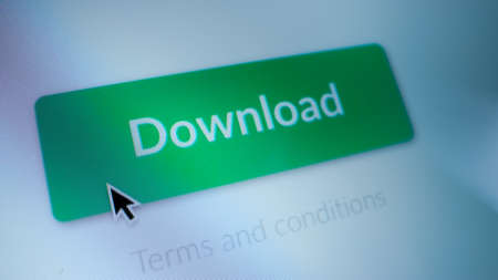 Close-up Macro Shot: Device Screen with Website Showing Green Download Button, Cursor Clicks on...