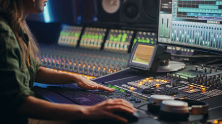 Beautiful, Stylish Female Audio Engineer, Producer Working in Music Recording Studio, Uses Mixing...