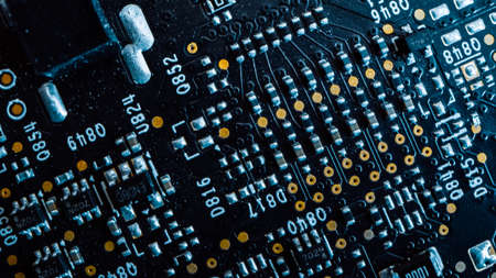 Macro Close-up Shot of Printed Circuit Board, Computer Motherboard Components: Microchips, CPU...