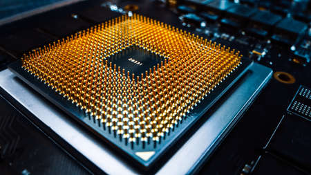 Macro Close-up Shot of CPU Processor Socket. Printed Circuit Board / Computer Motherboard with Components: Inside of Electronic Device, Parts of Supercomputer.の写真素材
